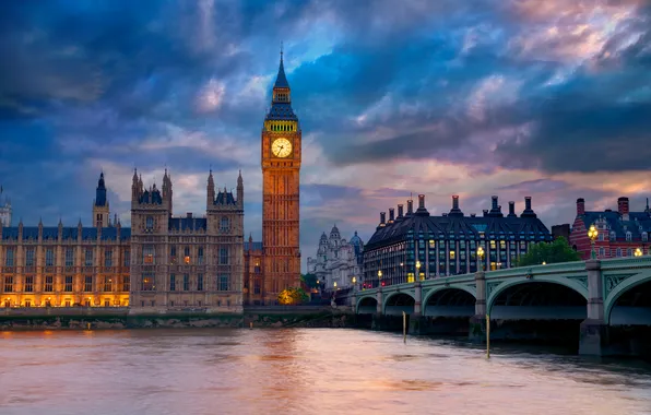 Картинка мост, город, река, улица, Лондон, Биг Бен, London, England