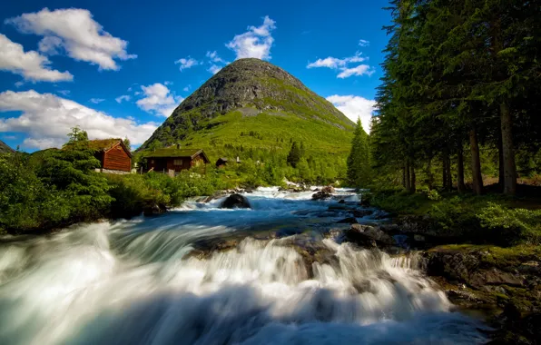 Гора, водопад, домики, Norway, Valldalen