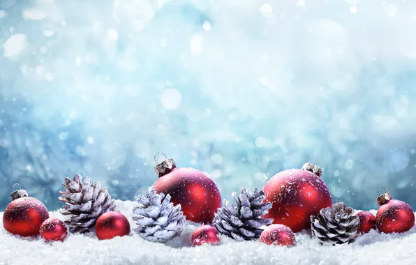 Картинка зима, снег, украшения, шары, елка, Новый Год, Рождество, happy