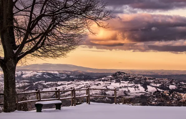 Картинка зима, пейзаж, закат, Italy, скамья, Marche, Smerillo