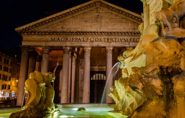 Картинка ночь, огни, Рим, Италия, фонтан, Пантеон