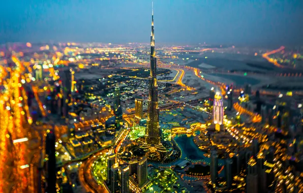 Картинка огни, горизонт, Дубай, улицы, Бурдж-Халифа, в ночное время