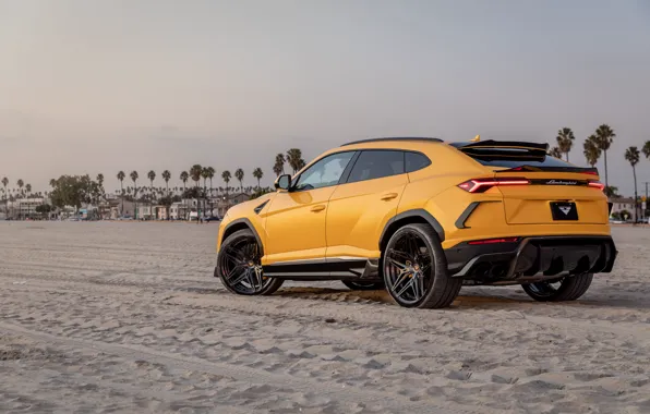 Пляж, закат, фары, вечер, Lamborghini, Vorsteiner, кроссовер, Urus