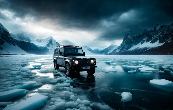 Картинка машина, авто, горы, озеро, лёд, джип, Range Rover, нейросеть1
