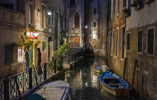 Картинка лето, ночь, лодки, фонари, Венеция, канал