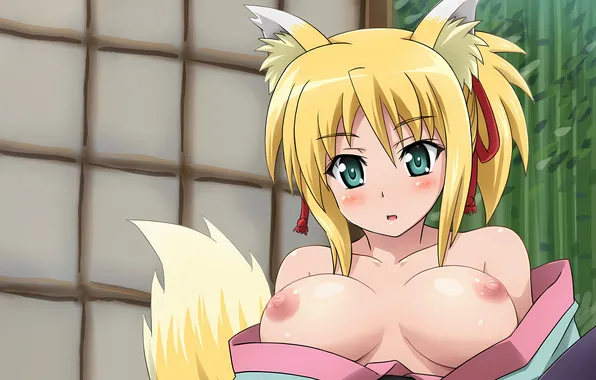 Girl, sexy, yukata, erect nipples, green eyes, nipples, boobs, animal ears