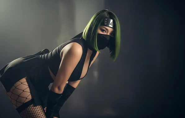 Картинка asian, green hair, minidress, Fishnet Stockings, Ninja Girl, AI Art, black minidress