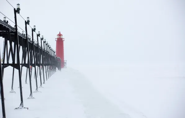 Картинка Grand, Winter, Snow, lighthouse, Lake, Michigan, Pier, Haven