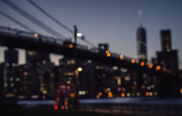 Картинка мост, огни, Нью-Йорк, панорама, боке, Соединенные Штаты