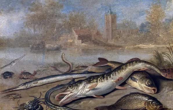 Картинка дом, река, краб, картина, церковь, Ян ван Кессель Старший, Рыба в Пейзаже