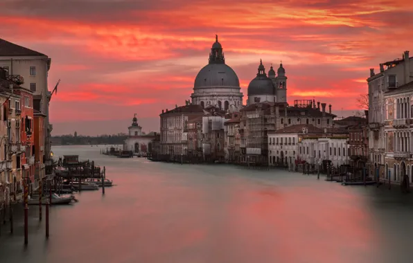 Город, рассвет, здания, дома, лодки, утро, Италия, Венеция