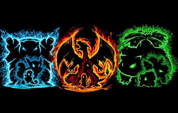 Черный фон, Anime, black background, Charmander, Squirtle, Bulbasaur, Покемоны, Pokemons
