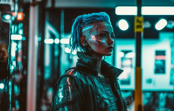 Картинка city, night, street, cyberpunk, men, women, bokeh, leather jacket