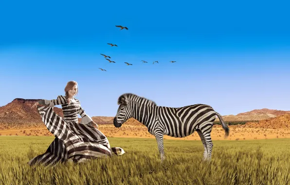 Картинка трава, небо, полосатая, зебра, креатив, Африка, платье, равнина