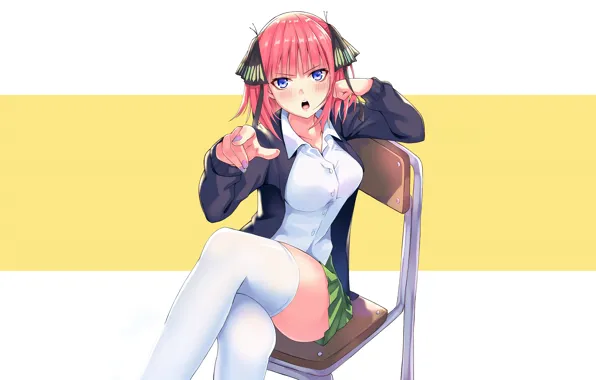 Girl, sexy, blouse, school uniform, thighhighs, anime, blue eyes, beautiful