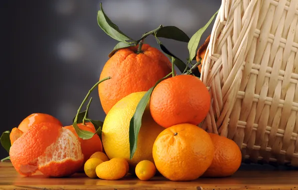 Картинка листья, корзина, апельсины, фрукты, цитрусы, кожура, мандарины