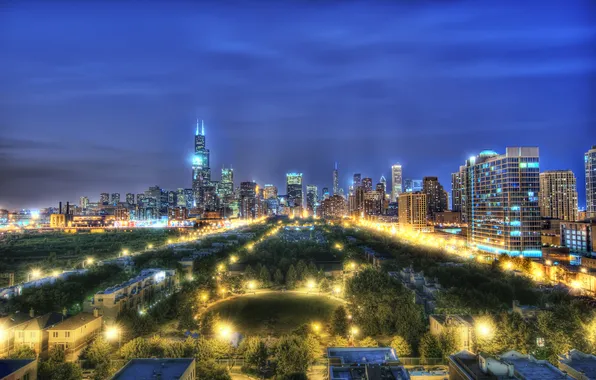 Картинка ночь, Чикаго, Иллинойс, Chicago, Illinois, night, usa, Blue Hour