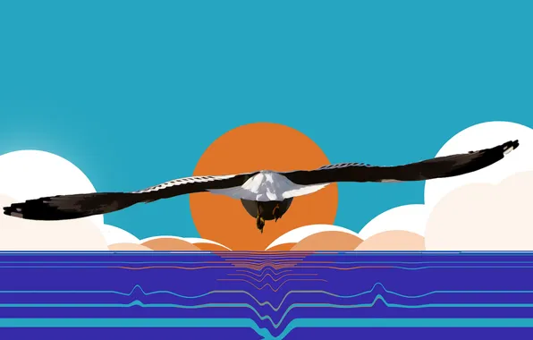Картинка море, солнце, птица, крылья, вектор