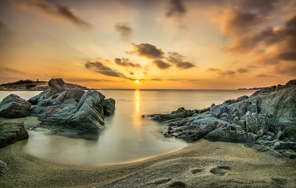Картинка пляж, камни, океан, рассвет, берег, утро