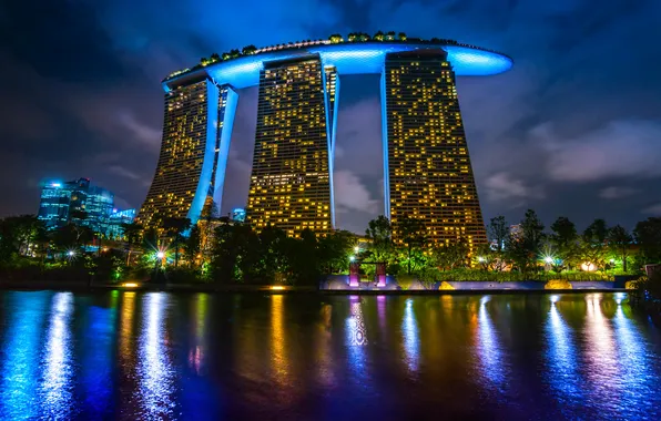 Картинка ночь, дизайн, огни, река, здание, фонари, Сингапур, набережная