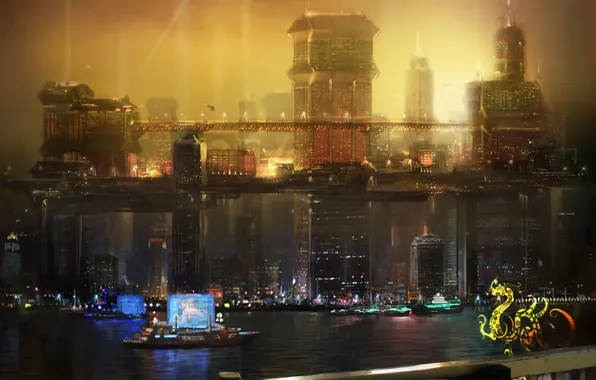 Картинка ночь, город, будущее, китай, Deus Ex 3