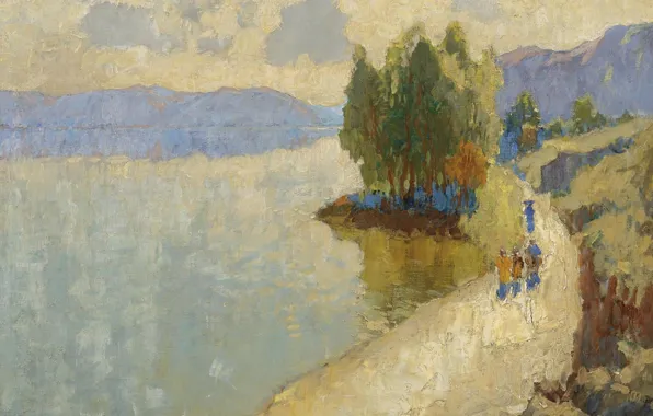 Картинка дорога, осень, деревья, пейзаж, горы, картина, Константин Горбатов, на берегу озера