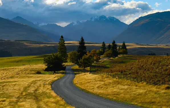 Дорога, солнце, облака, горы, поля, долина, New Zealand, дервья