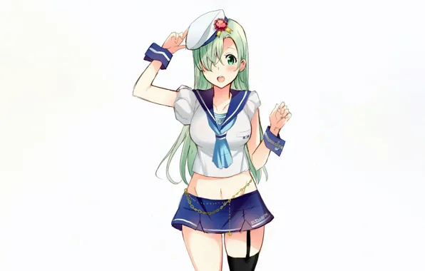 Girl, sexy, blouse, thighhighs, green eyes, long hair, anime, beautiful