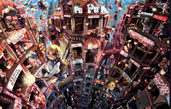 Картинка город, фантастика, здание, высота, аниме, ведьмы, масштаб