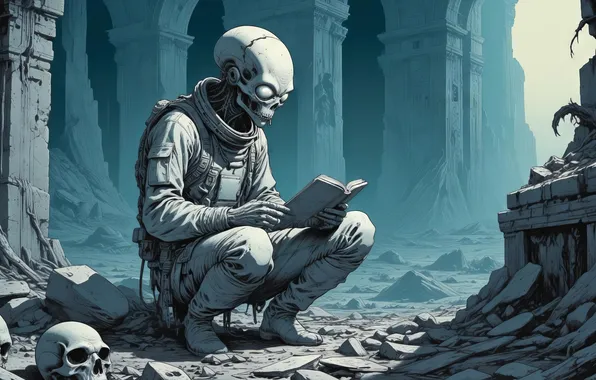 ЧЕРЕП, ГОРОД, ПОЗА, КОСТЮМ, КНИГА, ПРИШЕЛЕЦ