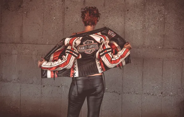 Картинка девушка, фон, спина, Harley-Davidson, кожаная куртка