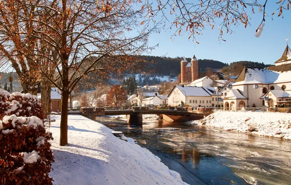 Картинка зима, снег, деревья, пейзаж, природа, город, река, дома