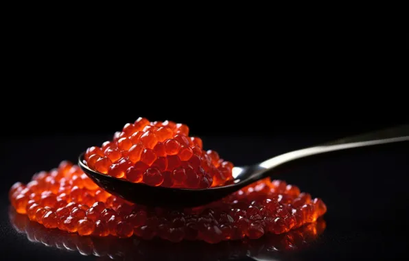 Макро, ложка, черный фон, икра, красная икра, цифровое искусство, ИИ-арт, нейросеть
