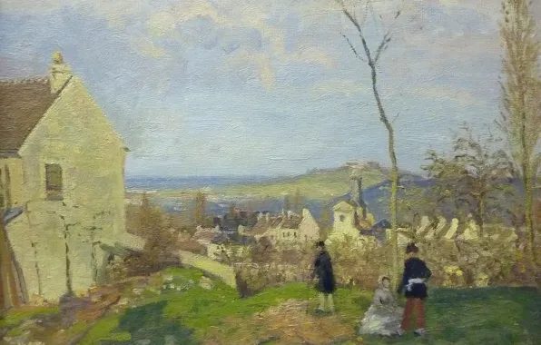 Пейзаж, дом, люди, картина, Камиль Писсарро, Лувесьен с Мон-Валерьен на Заднем Плане