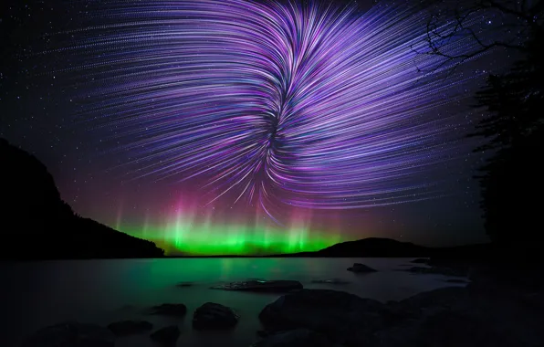 Звезды, северное сияние, Канада, Moosehead Lake, Mount Kineo