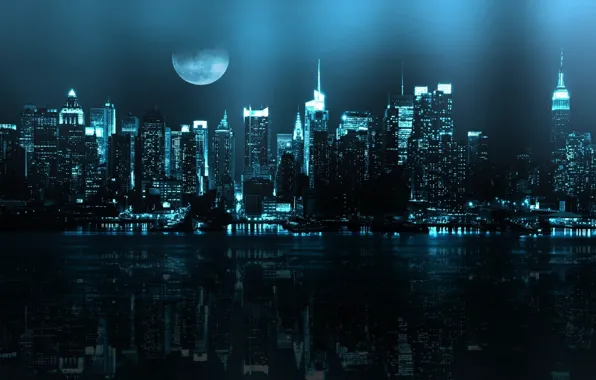 Картинка ночь, отражение, река, луна, нью йорк