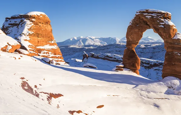 Картинка зима, снег, скалы, каньон, панорама, арка, США