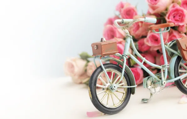 Картинка цветы, велосипед, розы, букет