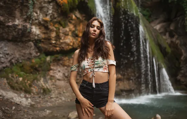 Girl, nature, water, model, waterfall, brunette, jeans shorts, looking at viewer