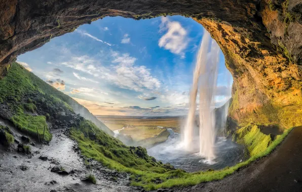 Картинка Горы, Водопад, Исландия, Waterfall, Iceland, Seljalandsfoss, Сельяландсфосс, Сюдюрланд