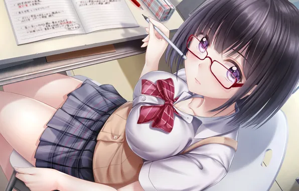 Girl, sexy, school uniform, boobs, anime, beautiful, short hair, purple eyes