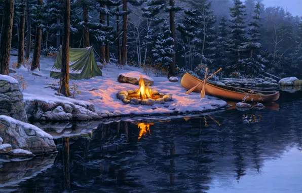 Картинка зима, лес, снег, озеро, луна, лодка, ель, костер