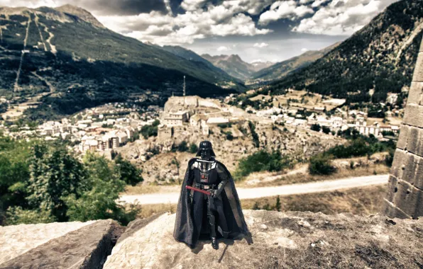 Картинка горы, город, Darth Vader, Дарт Вейдер, световой меч
