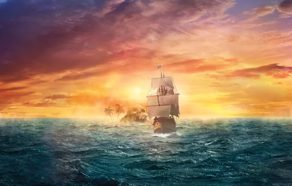 Картинка море, небо, закат, фантастика, океан, корабль, остров, парусник