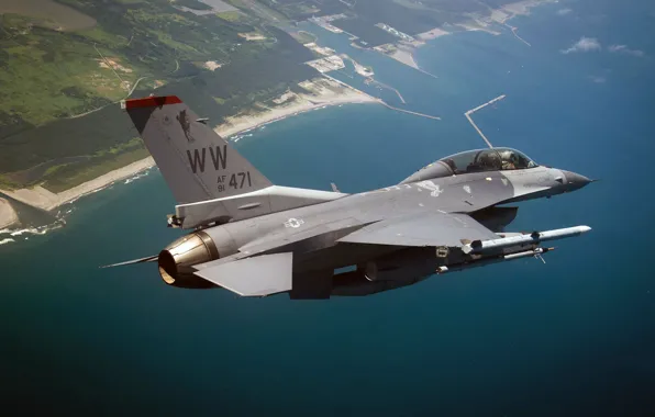 Картинка F-16, Fighting Falcon, General Dynamics, истребитель четвёртого поколения, американский многофункциональный лёгкий