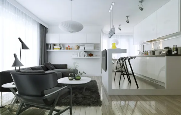 Картинка modern, living room, kitchen, department