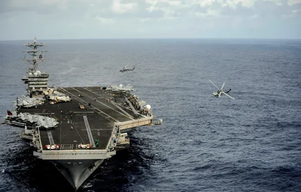 Картинка море, самолёты, ВМФ США, обслуживающий персонал, многоцелевые вертолеты, полётная палуба, Сикорский SH-60 «Си Хок», Sikorsky …
