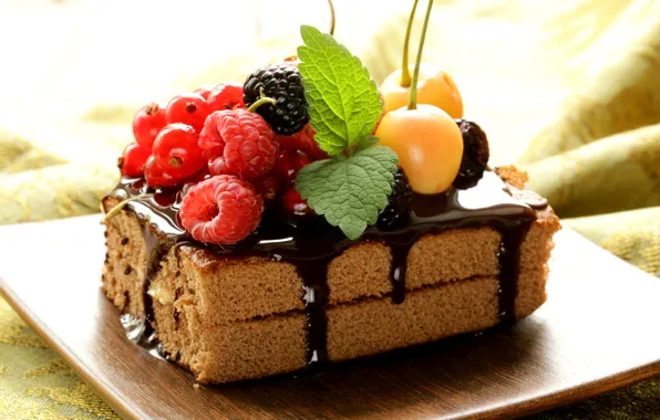 Картинка ягоды, малина, шоколад, торт, пирожное, мята, десерт, смородина