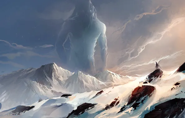 Картинка снег, пейзаж, горы, скалы, дух, существо, арт, гигант