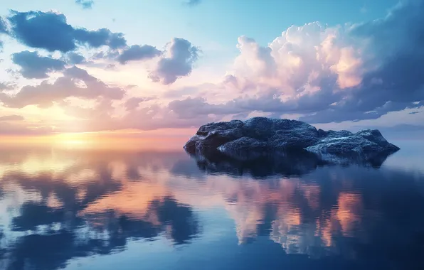 Солнце, облака, пейзаж, природа, озеро, отражение, синева, камни